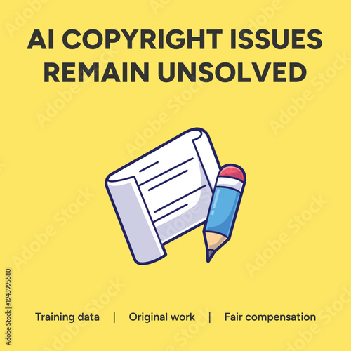 Simple vector illustration depicting an unresolved legal dilemma concerning artificial intelligence copyright challenges impacting original content creation and compensation structures