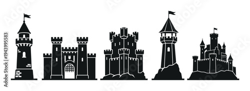 Collection of black medieval castle silhouettes featuring various towers, fortresses, and palaces in a simple graphic vector style for historical or fantasy themes