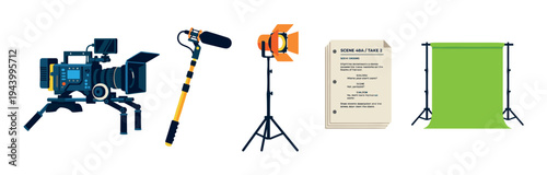 Filmmaking equipment set with a professional camera, boom microphone, studio light, screenplay, and green screen in a flat vector illustration style