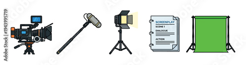 Filmmaking equipment icon set with a professional camera, boom microphone, studio light, screenplay, and green screen for movie production in a flat cartoon vector illustration style
