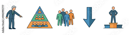 Colorful business concept icon set showing corporate hierarchy, leadership, teamwork, demotion, and success in a clean flat line art illustration style