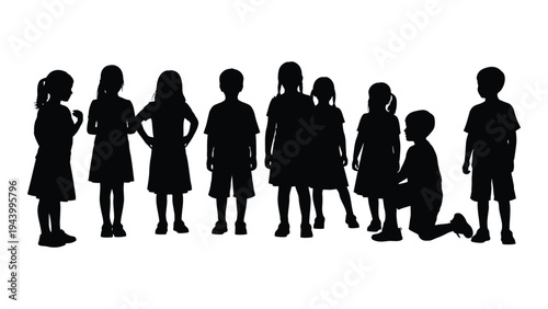 A group of children standing in a line, showcasing diversity and individuality through their unique silhouettes and poses, conveying a sense of unity and togetherness.