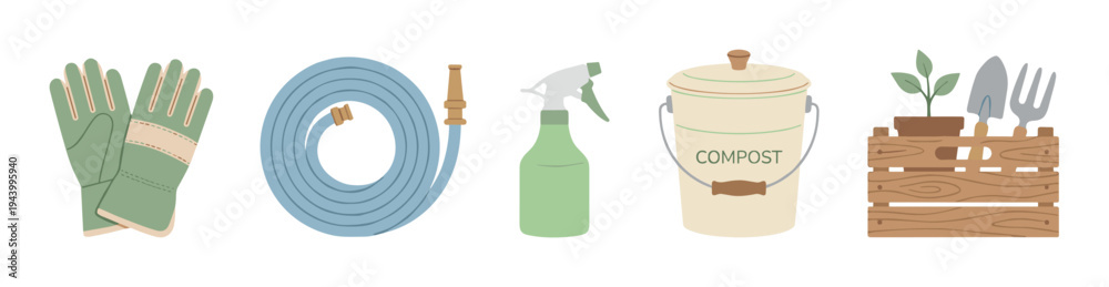 Obraz premium Collection of gardening tools and equipment including protective gloves, a coiled hose, spray bottle, compost bin, and a wooden crate with a plant and trowel