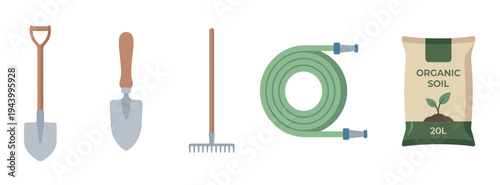 Set of essential gardening equipment with a spade, hand trowel, metal rake, coiled green water hose, and a sack of organic soil presented as a vector graphic