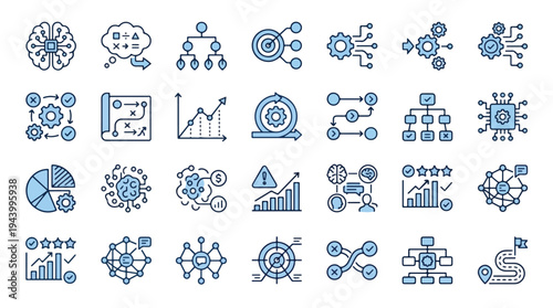 Logistics Warehouse Supply Chain Management Icons Set Shipping Delivery Storage Quality Control Manufacturing Distribution Inventory Finance Ecommerce Business Technology Vector Line Art Symbols