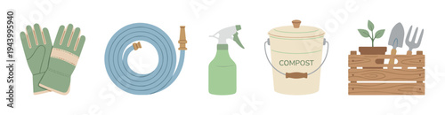 Collection of gardening tools and equipment including protective gloves, a coiled hose, spray bottle, compost bin, and a wooden crate with a plant and trowel