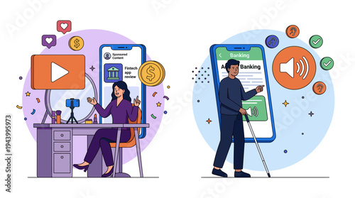 A businesswoman records a video on her desk while a man presents on a large smartphone screen in a colorful office environment.