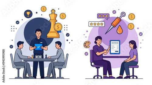 People sitting at tables with coworkers discussing business and health