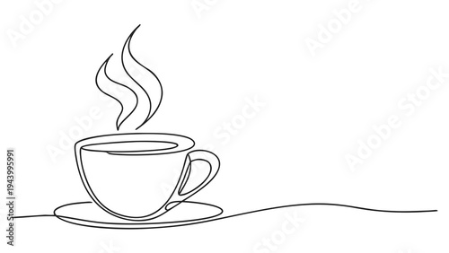 Steaming cup of coffee drawn with a single continuous line, representing warmth and comfort.