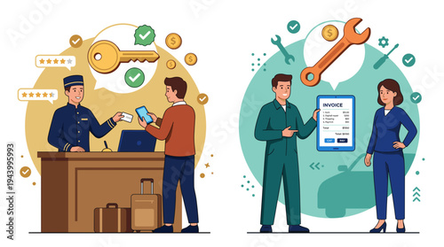 People interact at a travel check-in counter and others discuss near a maintenance clipboard.