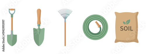 Gardening tools and equipment set illustration featuring a shovel, trowel, rake, coiled hose, and a bag of soil for planting and landscaping, presented in a simple flat design style