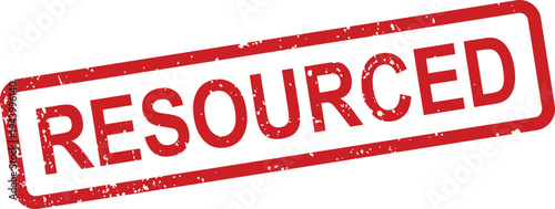 A clear illustration shows a red textured rubber stamp with the word RESOURCED against a bright white backdrop