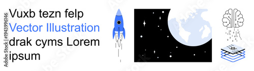 Space exploration, technology innovation, brain development, futuristic ideas, scientific discovery, digital layers. Rocket launching, Earth abstract brain and digital layers. Space exploration