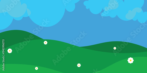 cartoon, landscape, field, grass, green, meadow, pasture, plain, countryside, rural, outdoor, scenery, horizon, farmland, sky, blue, clouds, cloudscape, sunshine, sunny, daylight, bright, fresh,