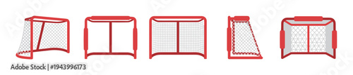Set of red ice hockey goals with white nets shown from various angles and perspectives in a clean, flat vector illustration style for sports design