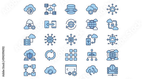 Cloud Computing and Data Management Icon Set - Artificial Intelligence Networking and Technology Infrastructure Vector Graphics
