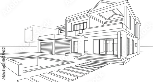 Artistic architectural perspective of a contemporary luxury estate featuring a private swimming pool, integrated garage, and geometric roof design.