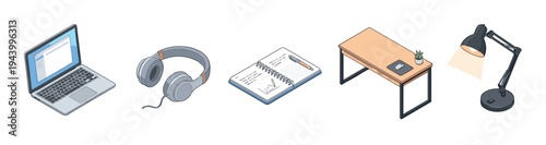 Set of isometric workspace illustrations featuring a laptop computer, over-ear headphones, a spiral notebook, a modern desk, and an adjustable lamp