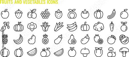 Collection of Outline Icons for Fruits and Vegetables with Yellow Title line art