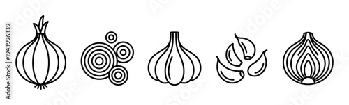 Onion and garlic vegetable line art icons set with whole bulbs, cloves, and sliced rings in a simple minimalist black and white graphic style for cooking or food concepts