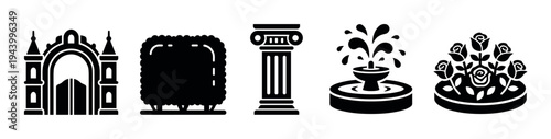Set of black garden and park icons featuring an ornate archway, a trimmed hedge, a classical column, a splashing water fountain, and a rose flowerbed in a simple glyph style