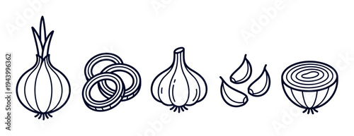 Hand drawn onion and garlic illustrations set showing whole bulbs, cloves, sliced rings, and a half cut vegetable in a simple black and white line art doodle style