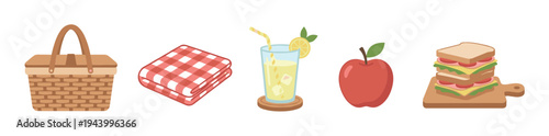 Set of cute picnic illustrations with a wicker basket, red checkered blanket, lemonade with a straw, a shiny red apple, and a sandwich on a board