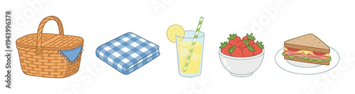 Set of cartoon picnic items including a wicker basket, checkered blanket, lemonade, strawberries, and a sandwich, illustrated in a simple, cute, and colorful line art style