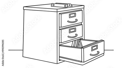 Simple line drawing of a three-drawer filing cabinet with one drawer open