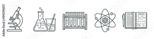 Set of science and chemistry icons featuring a microscope, flask, test tubes, atom, and research log in a minimalist black and white line art vector illustration style