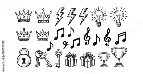 Hand-Drawn Doodle Icon Set, Vector Sketchy Crown, Music Notes, Lightbulb, Lightning Bolt, Key, Lock, Gift Box, and Trophy Symbols for Creative Design and Digital Planners