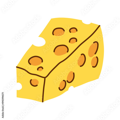 Rectangular block of Yellow Cheese with large Holes, hand drawn cartoon food illustration