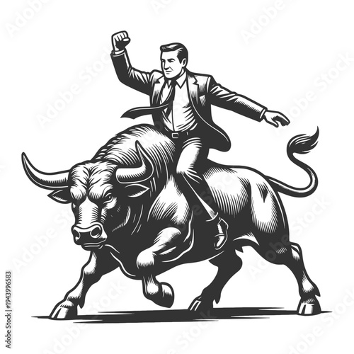 businessman in a suit riding a powerful bull, stock market speculation, financial risk, and aggressive investing sketch engraving vector illustration. Scratch board. Black and white.