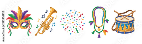 Collection of colorful Mardi Gras items including a feathered mask, trumpet, confetti, beaded necklace, and drum in a festive vector illustration set for a carnival celebration