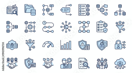 Comprehensive Data Management and Cybersecurity Icon Set - Business Workflow, IT Infrastructure, Cloud Storage, and Data Analytics Flat Line Art Collection