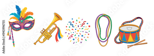 Colorful set of carnival celebration items including a feathered mask, trumpet, confetti, beaded necklaces, and a drum, illustrated in a fun, festive cartoon vector style for a party