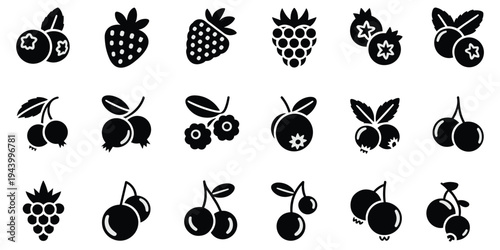 Collection of various berry and fruit icons in black silhouette on white blueberry strawberry