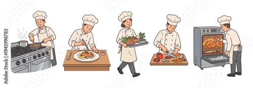 Set of five professional chef illustrations showing the cooking process from preparation to plating, including chopping vegetables, roasting a chicken, and sautéing on a stove