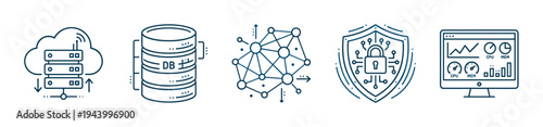 Set of five technology line icons representing cloud hosting, database storage, network connectivity, cybersecurity, and system monitoring in a simple, minimalist doodle style