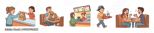 Set of five cartoon illustrations showing people ordering and eating food at a fast-food restaurant, including takeaway service, dining in, and happy customer interactions in a simple comic style