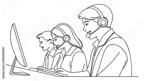 Customer service team wearing headsets, focused on computer screens for support.