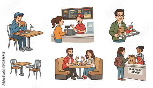 Collection of cartoon illustrations showing people ordering, eating, and getting takeaway food in a casual fast-food restaurant with burgers, fries, and soda