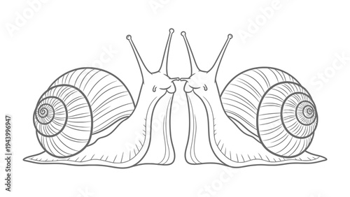 Embracing Love: Two snails share an intimate moment, their antennas intertwined in a symbol of love and affection. A monochrome illustration highlighting the elegance of nature's connection.