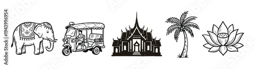 Set of five black and white hand-drawn icons representing Southeast Asian culture, including a decorated elephant, auto rickshaw, temple silhouette, palm tree, and lotus flower