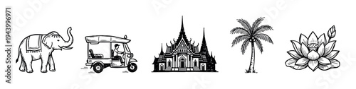 Set of hand-drawn Asian travel icons including an elephant, tuk-tuk, temple, palm tree, and lotus flower in a black and white sketch style illustration collection