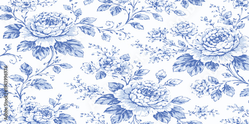 Seamless blue and white vintage toile floral pattern—detailed peony flowers, leaves and vines, classic porcelain-style repeating background for wallpaper, fabric and wrapping paper