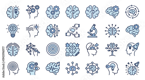 Brain and Psychology Icon Set: Intelligence, Creative Thinking, Innovation, and Neuroscience Symbols for Mental Health, Logic, and Cognitive Research Projects