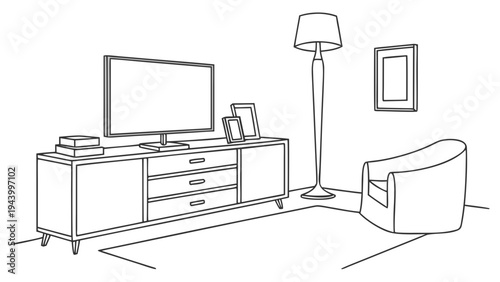 Modern living room scene with television, armchair, and floor lamp, drawn in a clean line art style.