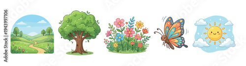 Set of five cute nature illustrations featuring a summer landscape, a green tree, colorful flowers, a butterfly, and a smiling sun in a charming hand-drawn cartoon style