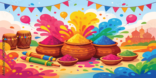 Holi festival of colors celebration illustration—bright gulal powder splashes, dhol drums, festive bowls, colorful bunting flags and vibrant background banner for event poster